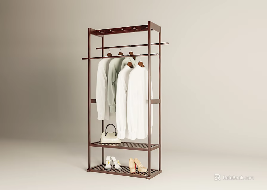 Brown Wooden Tiered Freestanding Clothes Rack With Hanging Clothes Shoes And Handbag 3d model 