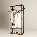 Brown Wooden Tiered Freestanding Clothes Rack With Hanging Clothes Shoes And Handbag