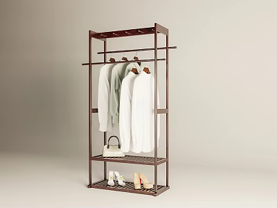 Brown Wooden Tiered Freestanding Clothes Rack With Hanging Clothes Shoes And Handbag 3d model