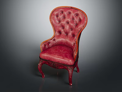 Stylish Red Tufted Armchair With High Back Design And Sturdy Wooden Legs 3d model
