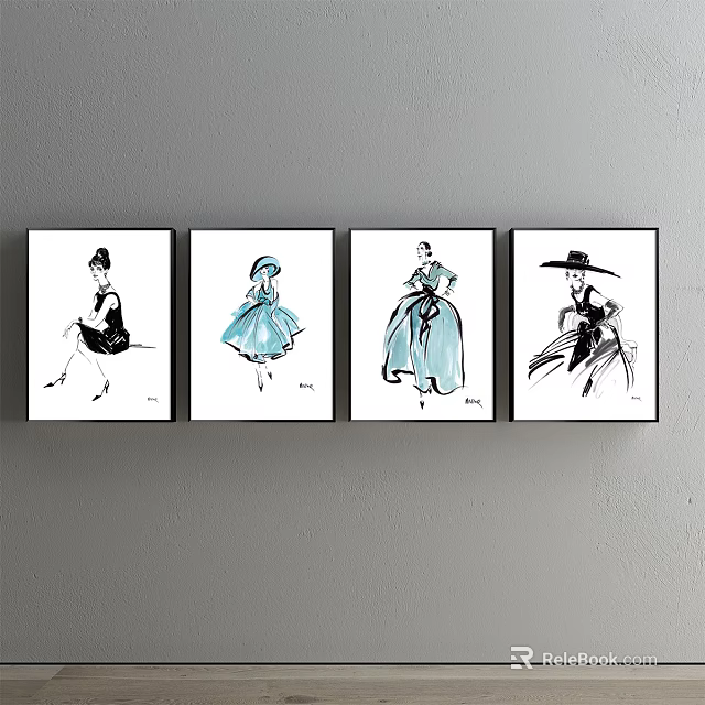 Elegant Four Female Figure Paintings With Vintage Outfits And Hats On Wall Decor 3d model 