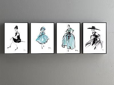 Elegant Four Female Figure Paintings With Vintage Outfits And Hats On Wall Decor 3d model