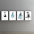 Elegant Four Female Figure Paintings With Vintage Outfits And Hats On Wall Decor
