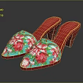 Women's Sequined Slippers with Red Heels Turquoise Upper and Pink Floral Pattern