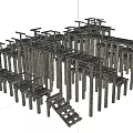 Wooden Road Facilities With Sturdy Supports And Pathway Structures For Pedestrian Use 3d model