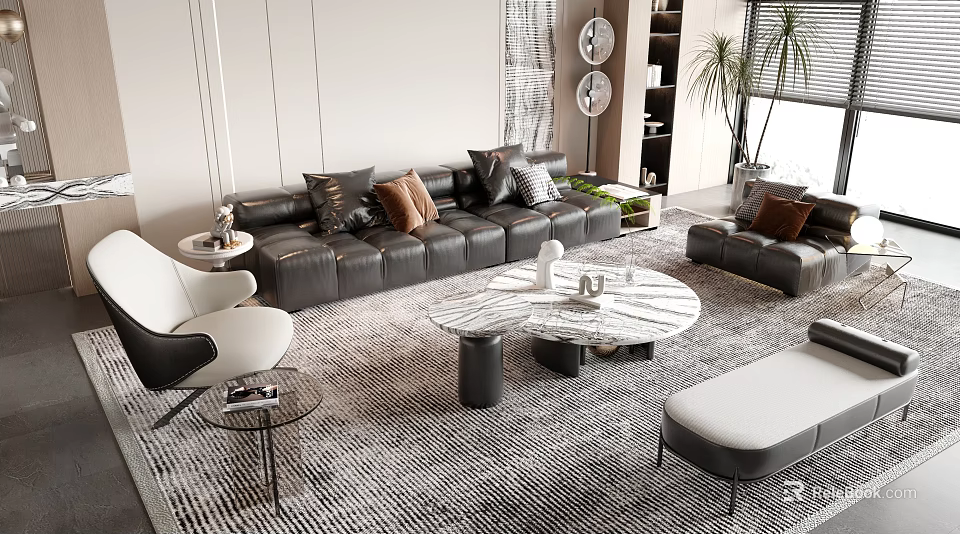 Modern Leather Sofa And Marble Coffee Table Set With Decorative Pillows Area Rug Indoor Plants 3d model 
