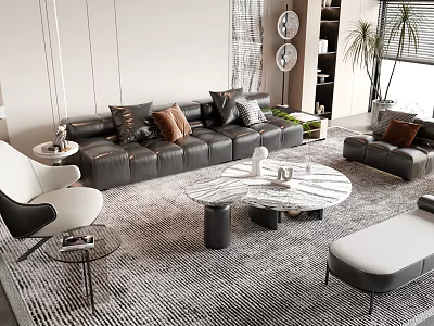 Modern Leather Sofa And Marble Coffee Table Set With Decorative Pillows Area Rug Indoor Plants 3d model