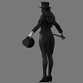 Woman Wearing Black Top Hat White Corset Fishnet Stockings Holding Cane with Rose Bow Tie 3d model