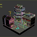 Cartoon Town Scene With Multi Story Buildings Shops Street And Green Car