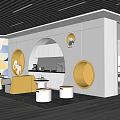 Modern Break Room Interior Design With Yellow Circular Accents White Cabinets And Coffee Machine