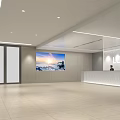 Modern Minimalist Office Front Reception Area With Stylish Linear Ceiling Lighting And Corporate Logo Wall