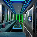Modern KTV Room Interior With Blue Sofas Neon Light Strips And TV Screens