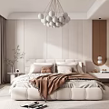 Modern Bedroom Interior Design With Upholstered Bed Pillows Throw Blanket Potted Plant And Chandelier