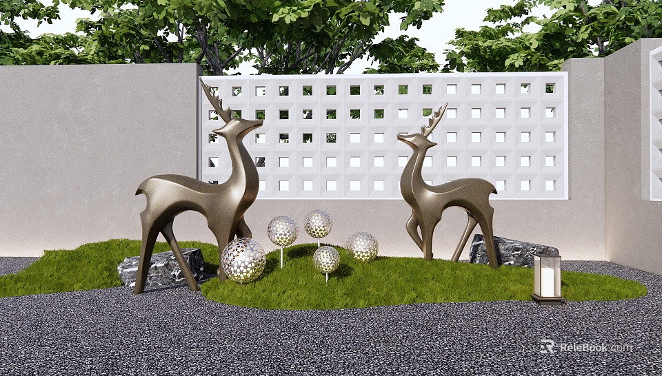 Landscape Sculptures of Golden Deer with Metal Balls on Green Lawn and White Lattice Fence 3d model 