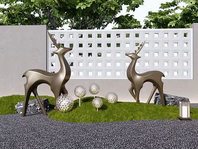 Landscape Sculptures of Golden Deer with Metal Balls on Green Lawn and White Lattice Fence 3d model