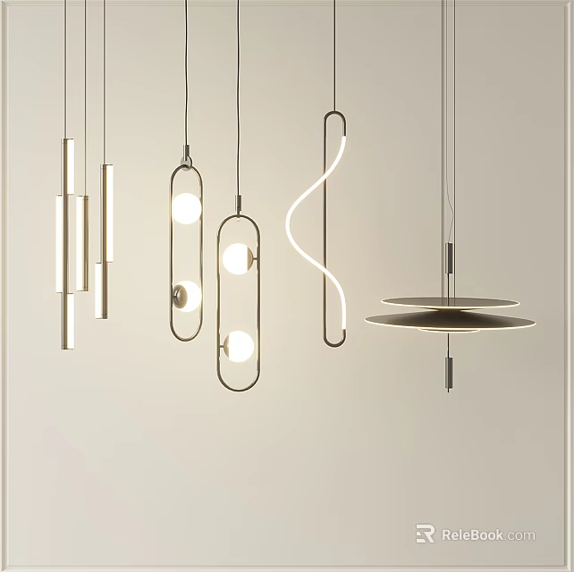 Modern Interior Pendant Lights With Geometric Shapes Curved Lines And Metal Frames 3d model 