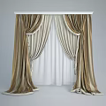 Elegant Golden Beige Striped Curtains With White Sheer Inner Layer Design 3d model