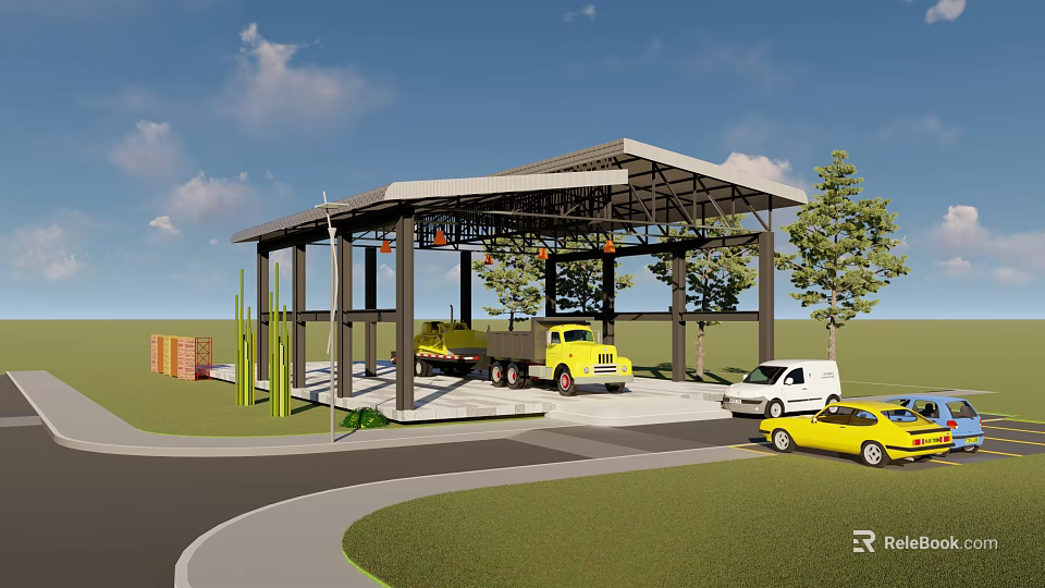 Covered Vehicle Parking Canopy With Trucks Cars Trees And Grass Area 3d model 
