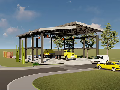 Covered Vehicle Parking Canopy With Trucks Cars Trees And Grass Area 3d model