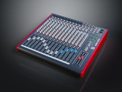 Professional Commercial Audio Mixer with Multiple Control Knobs and Faders on Panel Red Black Design 3d model