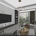Modern Living and Dining Room Interior With Marble Wall Large TV Sofa And Plants