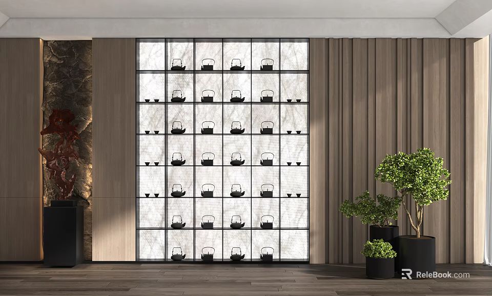 Modern Display Cabinet With Glass Doors Neatly Arranged Glassware And Wooden Walls With Potted Plants 3d model 
