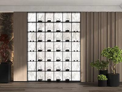 Modern Display Cabinet With Glass Doors Neatly Arranged Glassware And Wooden Walls With Potted Plants 3d model