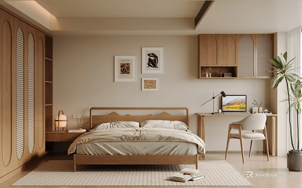Cozy Modern Bedroom with Wooden Bed Nightstand Lamp Desk Chair Artwork and Laptop 3d model 