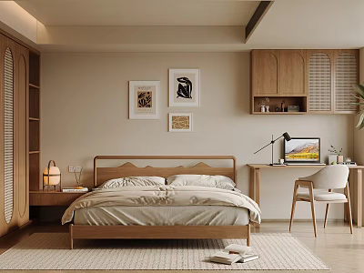 Cozy Modern Bedroom with Wooden Bed Nightstand Lamp Desk Chair Artwork and Laptop 3d model