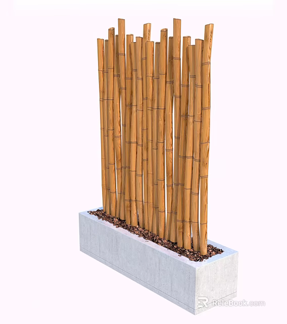 Natural Bamboo Screen With Concrete Base And Gravel For Outdoor Decoration 3d model 