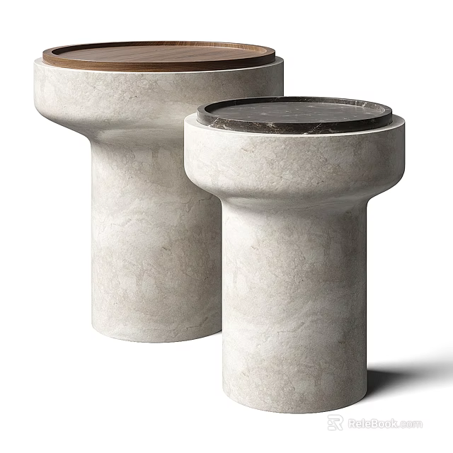 Two Modern Side Tables With Cylindrical Design Light Stone Material And Different Colored Tabletops 3d model 
