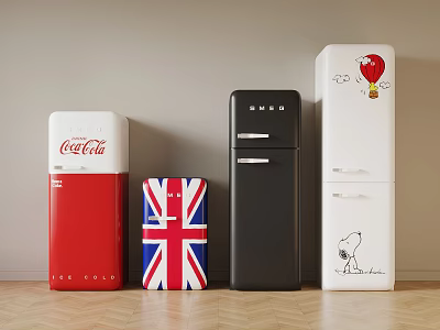 Retro Style Refrigerators with Coca Cola Union Jack SWD and Snoopy Decorative Designs 3d model