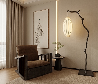 New Chinese Zen Leisure Chair Chinese Single Chair Floor Lamp Hanging Picture Side 3d model