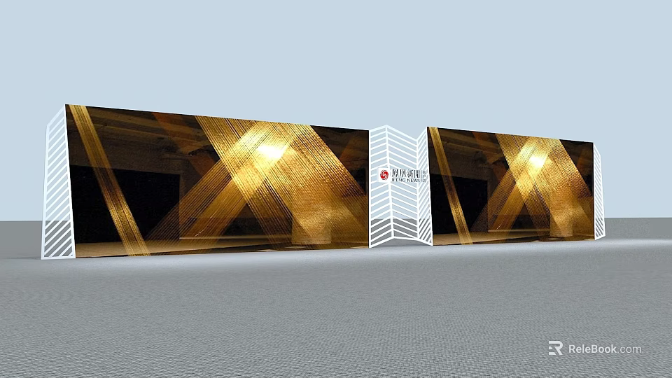 Modern Background Wall With Gold And Black Cross Stripe Pattern White Central Structure And Logo 3d model 