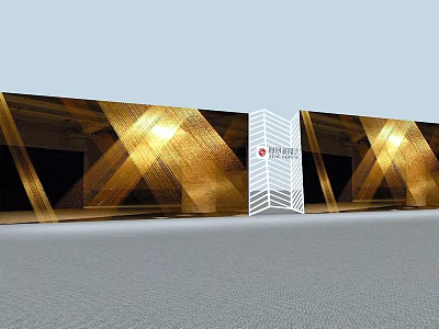 Modern Background Wall With Gold And Black Cross Stripe Pattern White Central Structure And Logo 3d model