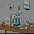 Folders in White Desktop Organizer with Blue and White Files on Wooden Desk and Stationery