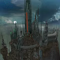 Mystical Fantasy Island Landscape With Tall Towers Giant Moon Starry Sky Clouds And Calm Water