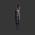 Futuristic Game Character In Blue Black Armor With Katana Swords And Glowing Accents