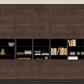 Dark Wood Decorative Cabinet with Closed Doors and Open Shelves Displaying Books Bowls and Decor