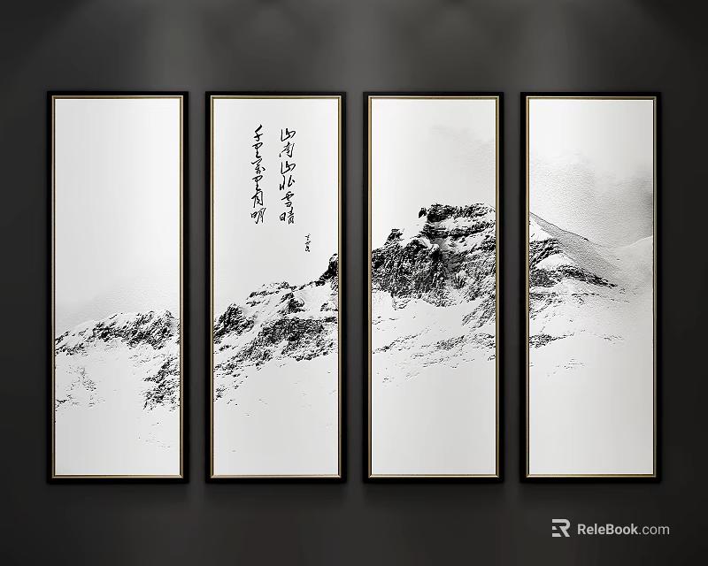 Chinese Ink Landscape Painting With Mountain Scenery Calligraphy And Four Panel Wall Decor 3d model 