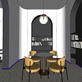 School Reception Area Interior With Yellow Vertical Panel Wall Circular Marble Countertop And Arched Window 3d model