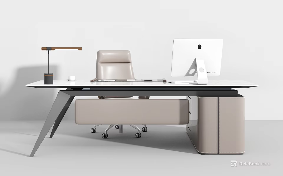 Modern Office Desk With iMac Computer Desk Lamp And Beige Office Chair 3d model 