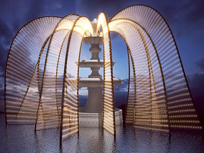 Art Installation With Illuminated Arch Structures White Tiered Base And Water Reflection 3d model