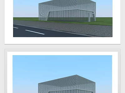 Modern Architectural Building Exterior With Glass Curtain Wall And Geometric Roof Design 3d model