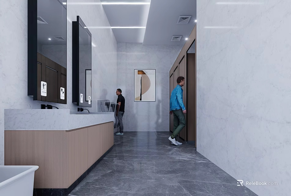Modern Public Restroom Interior With Washbasins Mirrors Stalls Lighting And Gray Floor 3d model 