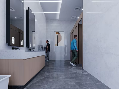 Modern Public Restroom Interior With Washbasins Mirrors Stalls Lighting And Gray Floor 3d model
