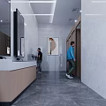 Modern Public Restroom Interior With Washbasins Mirrors Stalls Lighting And Gray Floor