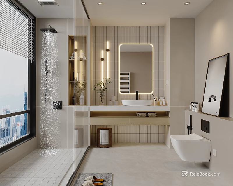 Modern Bathroom Interior With Lighted Mirror Vanity Large Window City View And Shower Area 3d model 