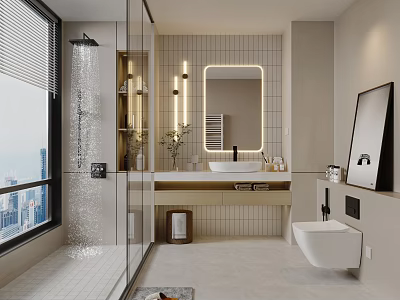 Modern Bathroom Interior With Lighted Mirror Vanity Large Window City View And Shower Area 3d model