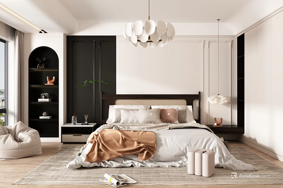 Modern Bedroom Interior With White Bedding Brown Blanket Pillows White Pendant Light And Black Bookshelf 3d model 